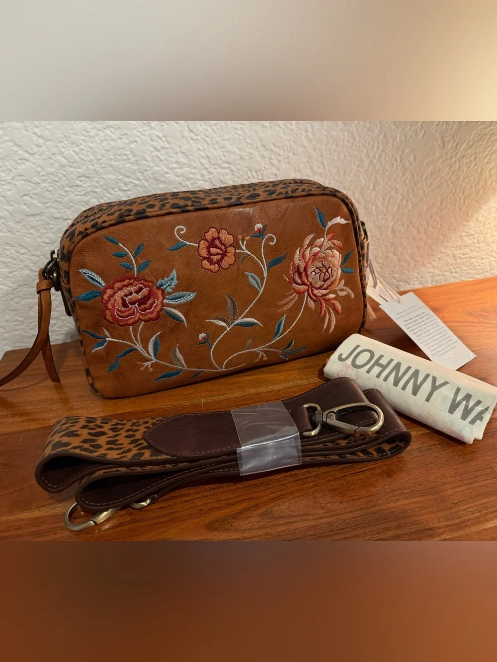 Johnny Was Embroidered Floral Crossbody Bag - Brown & Blue Accents